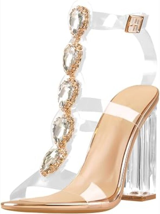 Shoes - Clear Rhinestone Chunky Heel Sandals Open Toe Shiny Crystal Party Shoes